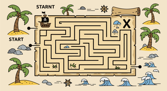 Pirate maze adventure with islands, ship, scroll, waves, and treasure 'X'
