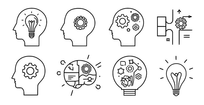 Creative Mind Concept: A series of clean, line-art illustrations depicting the human mind's creative process, with icons symbolizing ideas, thoughts, and innovation.