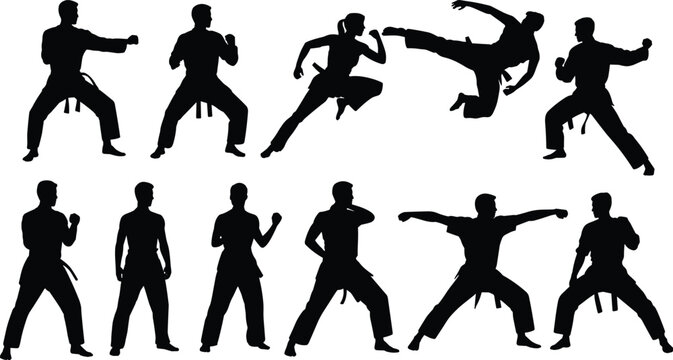 martial arts silhouettes, karate fighters poses, combat training action, isolated black figures, self defense, dynamic motion set