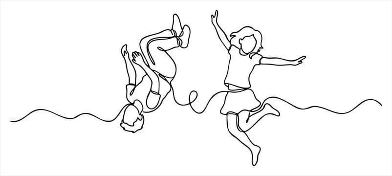 Happy children jumping and doing flips representing childhood joy and freedom with abstract flowing lines, Vector illustration