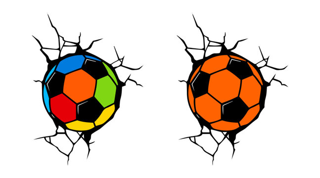 
football ball hit the wall and it's cracked, Soccer ball smash the white wall with cracks hole