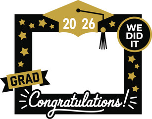 Graduation photo booth props frame, festive party backdrop with hats glasses speech bubbles and celebratory elements for fun college and school graduation events. © Neal Bailey
