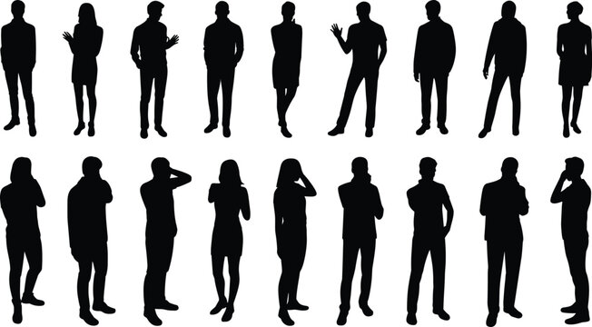 people silhouettes standing gestures, human poses collection, male female figures, isolated black characters, body language concept