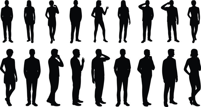 people silhouettes standing thinking gestures, human poses collection, male female figures, isolated black characters, body language
