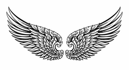 Fototapeta premium Ornate, detailed black and white illustration of symmetrical wings spread apart