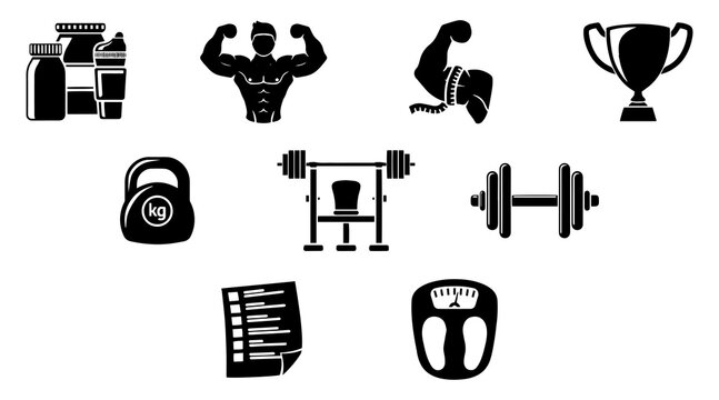 Gym equipment silhouette exercise workout accessories isolated set. Vector flat graphic design illustration