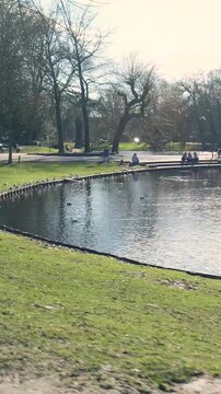 People relaxing by a lake in amsterdam's vondelpark on a sunny day
