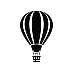 Naklejka premium Minimalist black hot air balloon silhouette floating on a clean white background, symbolizing adventure, travel, and freedom for creative design projects.