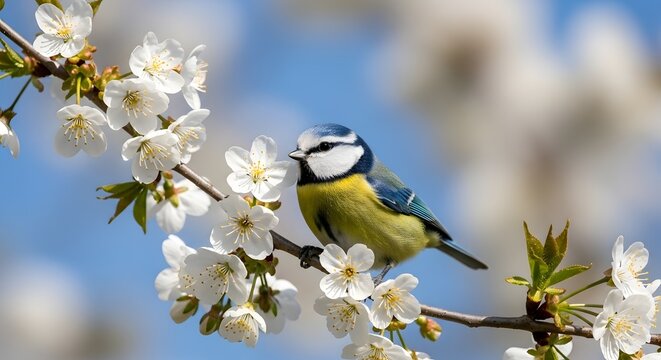 Spring Serenity: Small Songbird Perched Amongst Blossoming White Orchard Branches Against Azure Sky