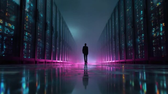 Lone Figure in Cyber Alley: A solitary figure navigates a digital labyrinth, illuminated by neon lights and towering structures, symbolizing the modern journey through data and technology.
