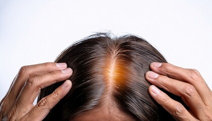 Naklejka premium hair loss concept close up of hands holding and running fingers through hair highlighting signs like thinning or sparse bald spots on top of the head in patterned hair loss on white background