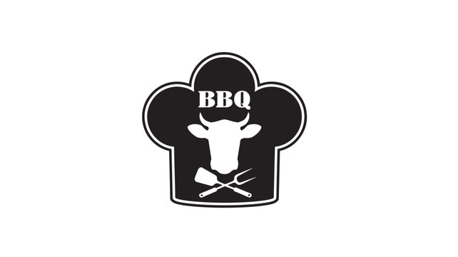 Chef hat logo featuring a cow silhouette and crossed barbecue utensils with the letters BBQ above the cow's head.