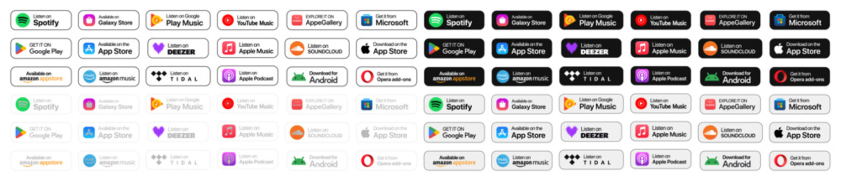 Music streaming platform badges UI mockup template. App download and listening platform buttons collection for digital music services.