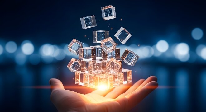 Virtual data storage and cloud computing. Information management and digital structure. Human hand holding a cluster of glowing transparent glass data cubes with bokeh light
