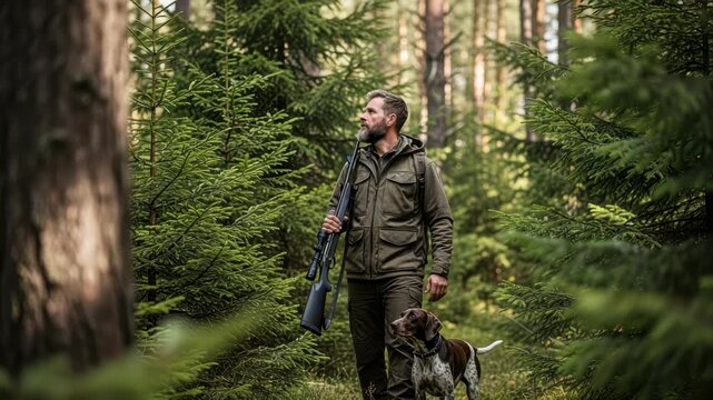 Hunter Walking With His Dog Through Coniferous Forest Carrying Rifle In Search Of Game With Sunlight Filtering Through The Trees For Outdoor Lifestyle Publications