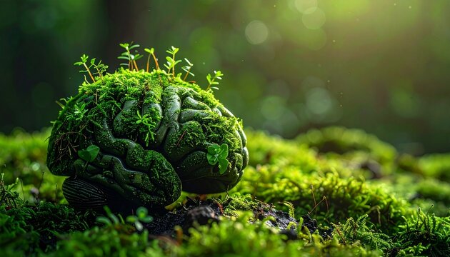Human brain covered in dense green moss and small plants, in reclaiming technology
