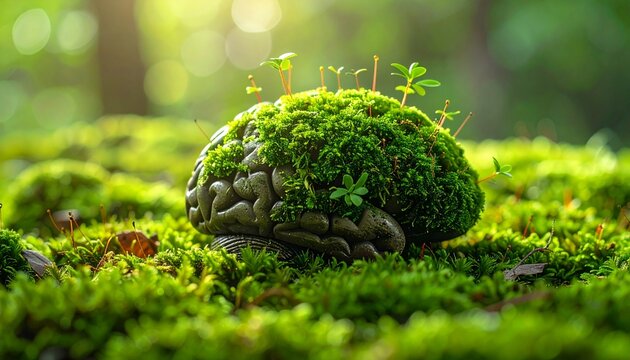 Human brain covered in dense green moss and small plants, in reclaiming technology