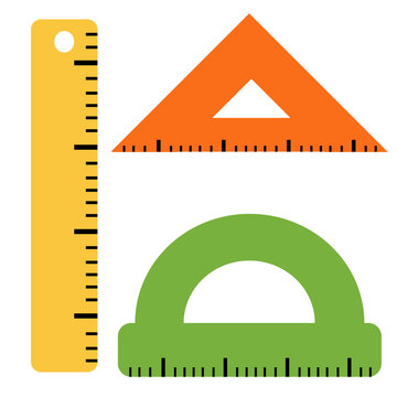 Set of vector school rulers. Ruler, Triangle Rulers, Protractor. School Craft Art Supply. Flat cartoon style.