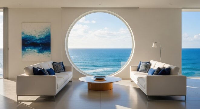 Modern living room with ocean view through round window and stylish furniture