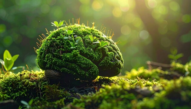 Human brain covered in dense green moss and small plants, in reclaiming technology