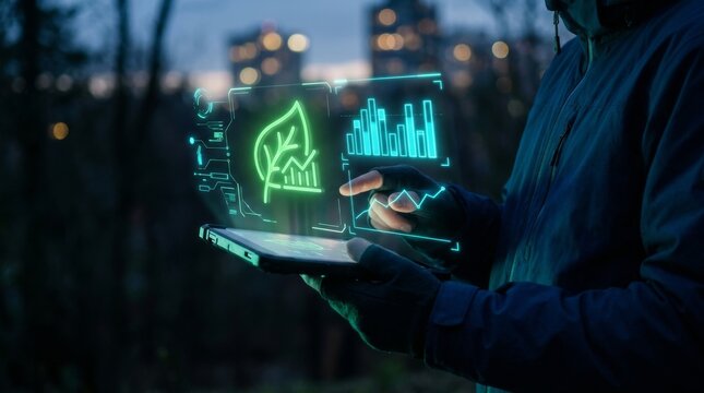 A person interacting with a futuristic tablet displaying environmental data and visuals