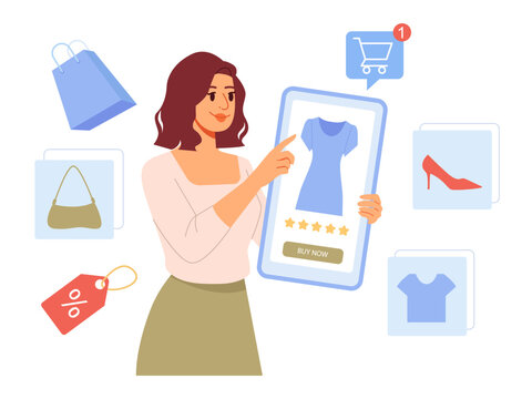 E-commerce Advertising Concept. Woman Using Smartphone for Online Shopping. Female Internet User Holding Phone for Ordering New Clothing. Flat Vector Illustration.