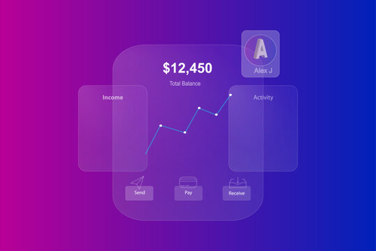 Glassmorphism finance dashboard UI, modern mobile banking app interface, transparent glass design