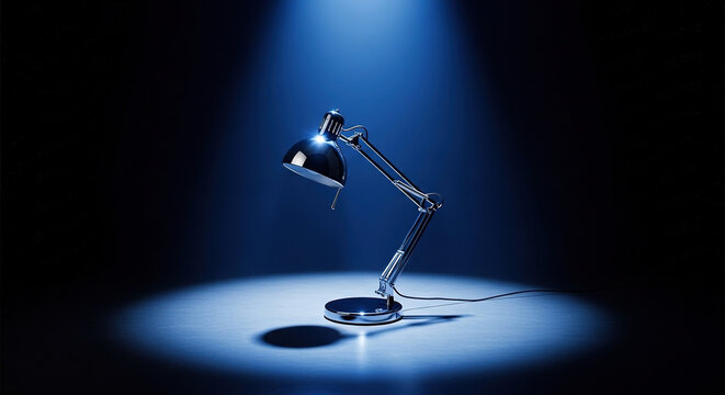 Desk lamp illuminates a small circular area on dark surface with powerful focused beam of blue light, creating dramatic atmosphere and sharp contrast