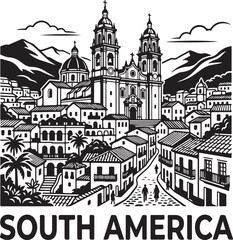 Naklejka premium South American cityscape with colonial architecture and mountains, black and white illustration.