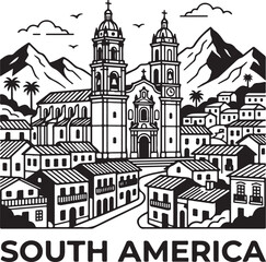Naklejka premium Vibrant South American cityscape with a grand cathedral, mountains, and palm trees in graphic style.