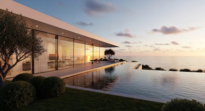 Modern luxury waterfront villa with infinity pool under sunset sky