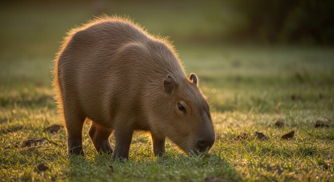 Capybara Grazing in Golden Light A Serene Wildlife Moment.