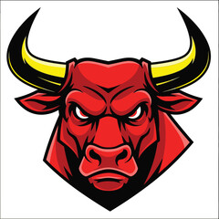 Fototapeta premium A fierce red bull mascot head with imposing horns. sticker