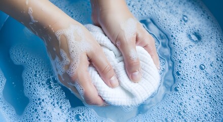 Fototapeta premium Diligent Hand Washing: A Close-Up of Fabric Care in Bubbling Water, Illustrating Domestic Chores and Cleanliness Concepts