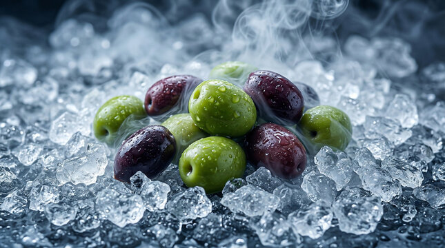 Aceitunas frescas sobre hielo fr&iacute;o