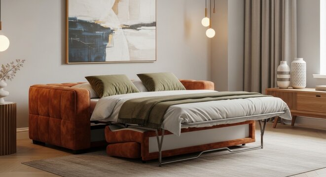 Orange Velvet Convertible Sofa Bed with Plush Upholstery and Modern Design in a Living Room Setting