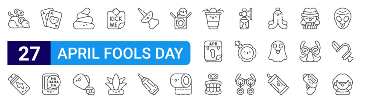 set of 27 thin line april fools day icons such as mouse, chewing gum, cards, chat, poop, punch, kick me, buffon, push pin. editable stroke vector illustration isolated on white