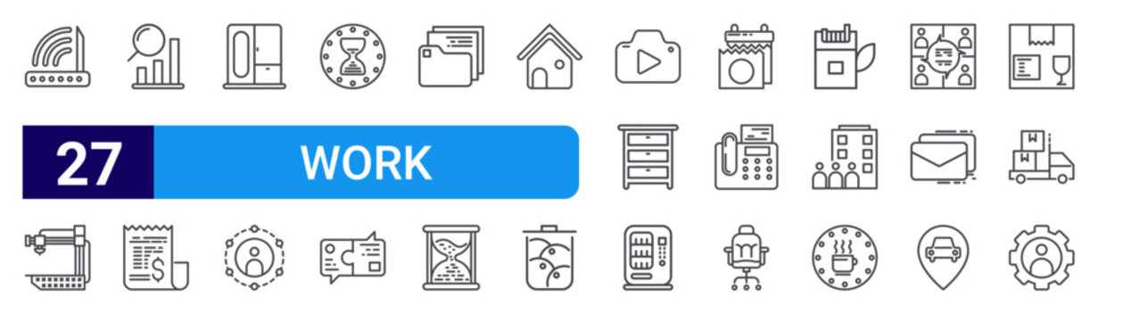 set of 27 thin line work icons such as router, d printer, analytic, invoice, clo, network, clock, communication, folder. editable stroke vector illustration isolated on white