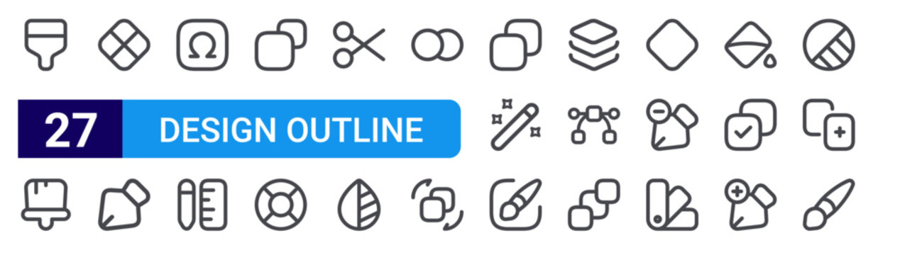 set of 27 thin line design outline icon icons such as brush, brush, component, path, omega, ruler, shapes, life buoy, scissor. editable stroke vector illustration isolated on white