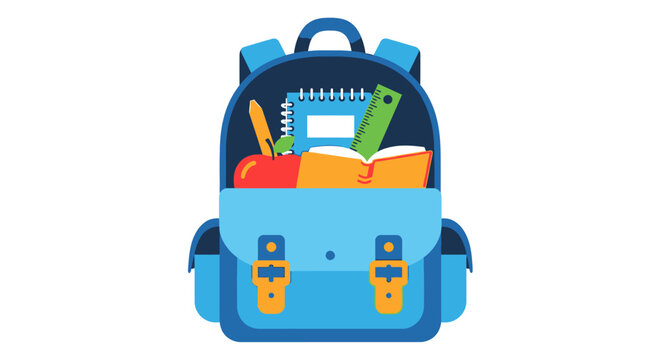 Open backpack with school supplies notebook pencil ruler apple and book