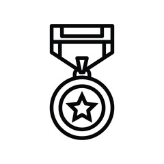 Minimalist black line icon of a medal with a star emblem and ribbon, representing achievement, victory, and excellence for professional web and graphic design projects. © JAKEYA