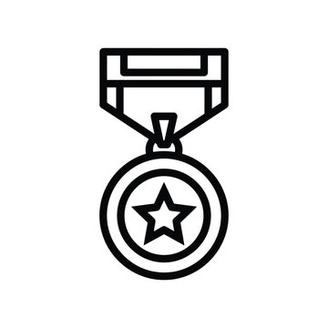 Minimalist black line icon of a medal with a star emblem and ribbon, representing achievement, victory, and excellence for professional web and graphic design projects.