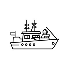 Fototapeta premium Minimalist black line art icon of a commercial fishing boat or research vessel isolated on a white background for maritime and nautical design projects