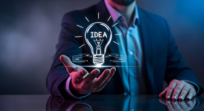Ide Lampu Dipegang Oleh Pria Dengan Jas Biru Untuk Konsep Bisnis