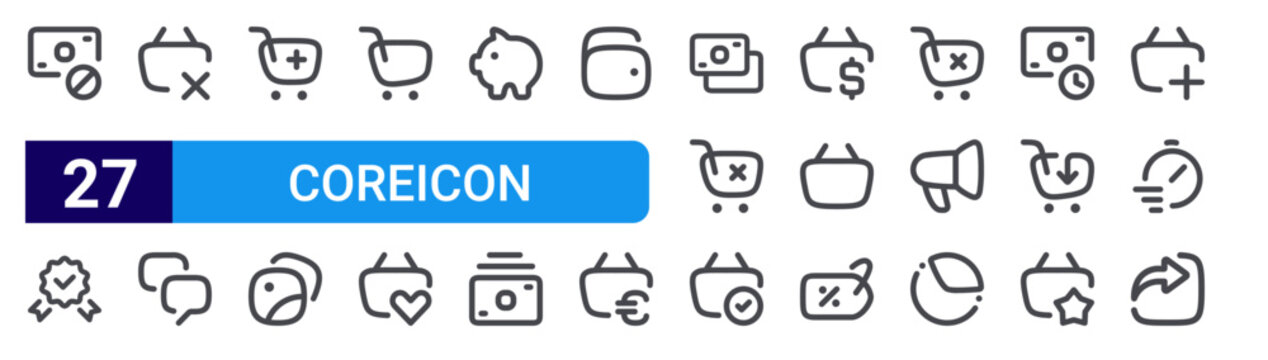 set of 27 thin line coreicon banking icons such as blocked, quality, remove cart, comment, add cart, pictures, empty cart, like variant, deposit. editable stroke vector illustration isolated on