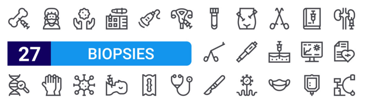 set of 27 thin line biopsies icons such as bone, dna, doctor, gloves, care, cancer, tissue biopsy, neck, ultrasound. editable stroke vector illustration isolated on white