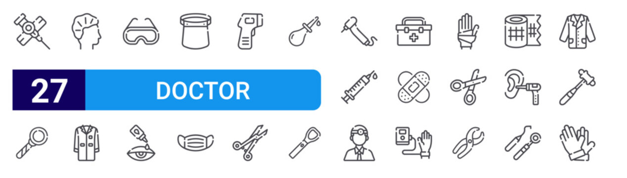 set of 27 thin line doctor equipment icons such as cannula, laryngeal, hair, medical, safety, eye, face, face, thermometer. editable stroke vector illustration isolated on white