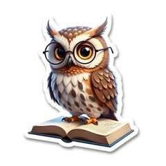 Fototapeta premium A detailed sticker illustration of a scholarly brown owl wearing black-rimmed glasses, perched on an open book, isolated on a white background.