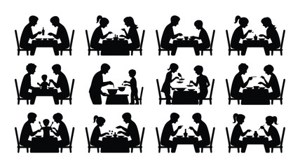 Diverse family and friends silhouettes enjoying meals together around dining tables representing connection community and shared dining experiences in various compositions
