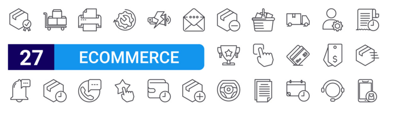 set of 27 thin line ecommerce icons such as guarantee, notification, stock, preorder, print, phone call, ting, review, flash sale. editable stroke vector illustration isolated on white